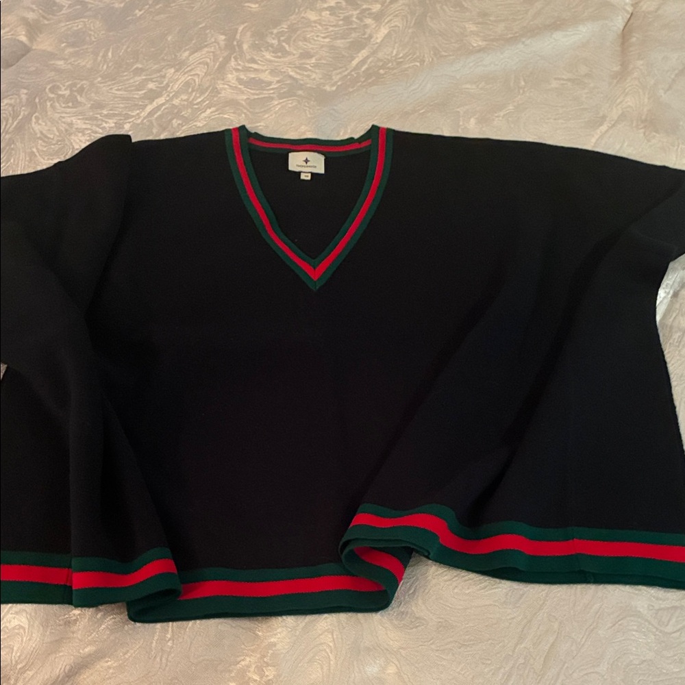 Tuckernuck Black Sweater Poncho with Red and Green Trim